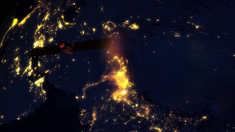 Satellite-passes-Earth-planet-night-lights-sci-fi-in-silhouette-4k
